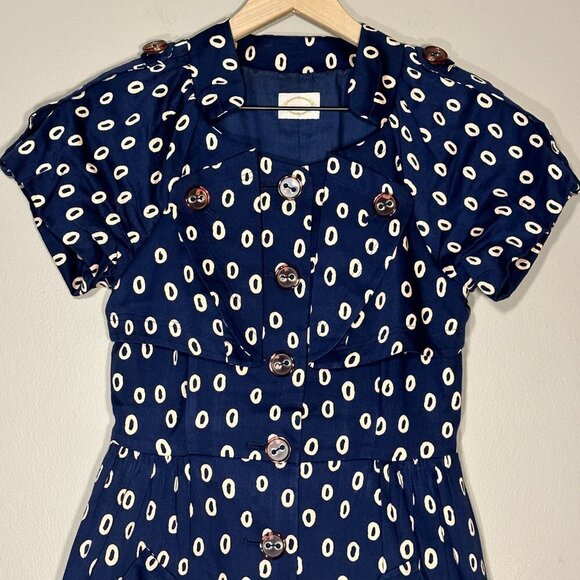 Women's S Reneevon Korea Version Fashion Dress Full Button Up Navy Circle Print - Picture 4 of 10